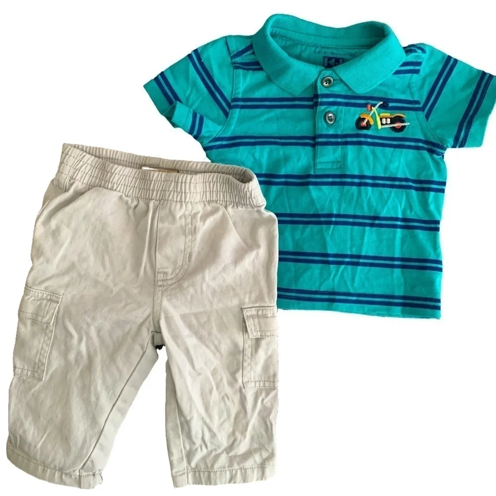 Kids Headquarters Teal Polo and Cream Cargo Pants Striped Motorcycle Set